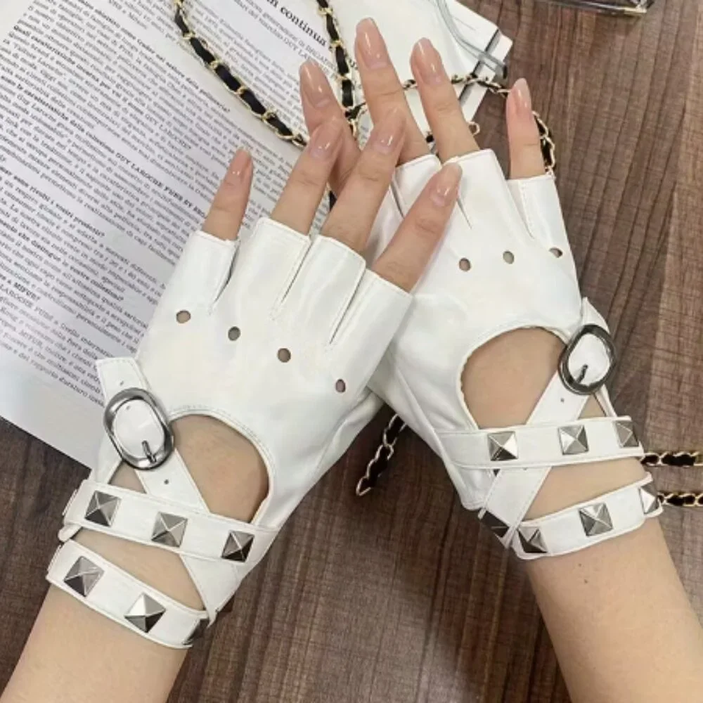 Pu Leather Fingerless Studded White Gloves